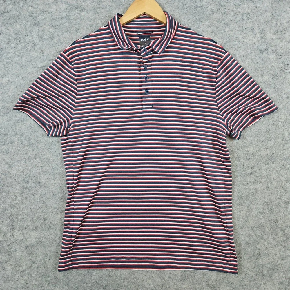 J Crew Men's Polo Shirt Size L Red White Gray Stripes Cotton & Coolmax Polyester